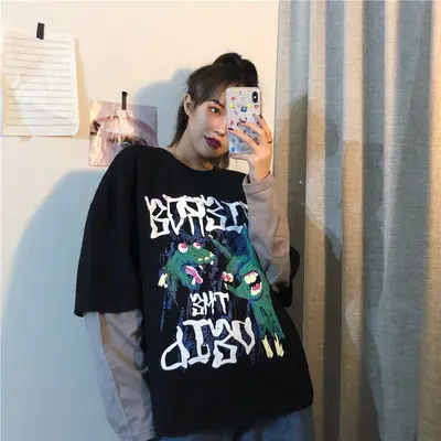 Spring Sports Fake Two-piece Hedging Cartoon T-shirt Women Loose