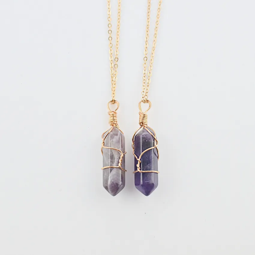 Geometric Hexagonal Column Quartz Necklace Pendant Natural Stone Bullet Crystal - Purple