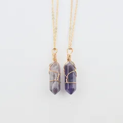 Geometric Hexagonal Column Quartz Necklace Pendant Natural Stone Bullet Crystal - Purple - View 1