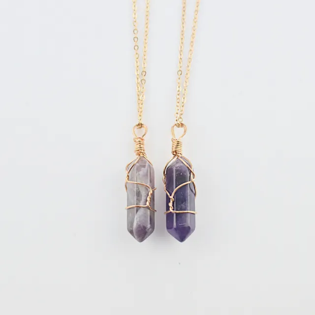 Geometric Hexagonal Column Quartz Necklace Pendant Natural Stone Bullet Crystal Purple - Shop at LoveMi