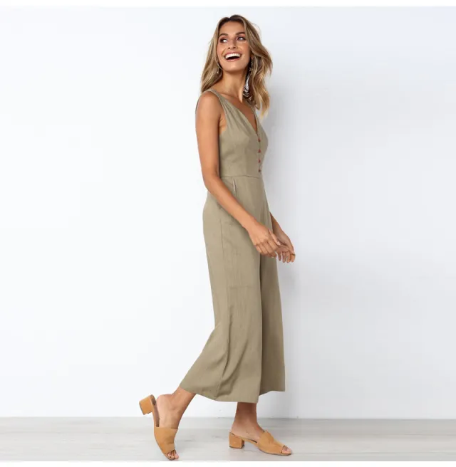 V neck button backless jumpsuit Khaki - Shop at LoveMi
