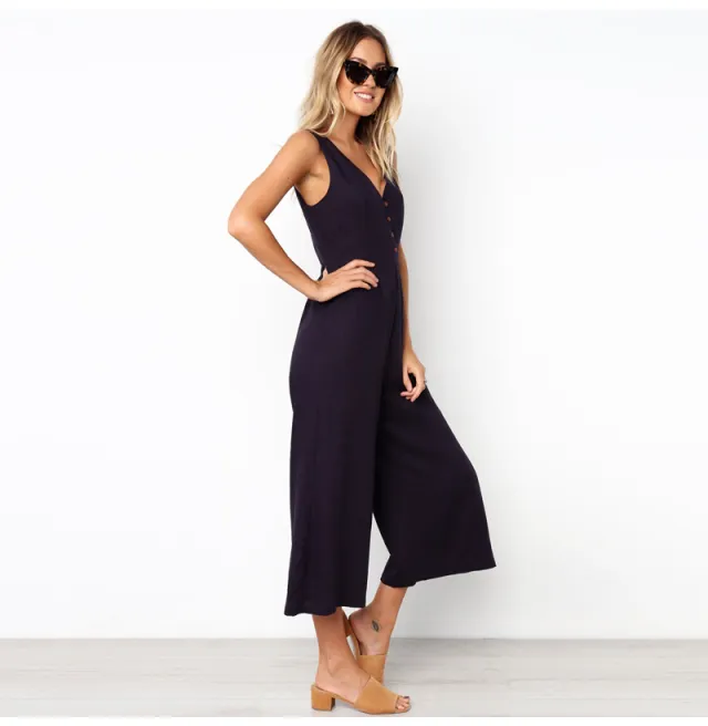 V neck button backless jumpsuit Black - Shop at LoveMi