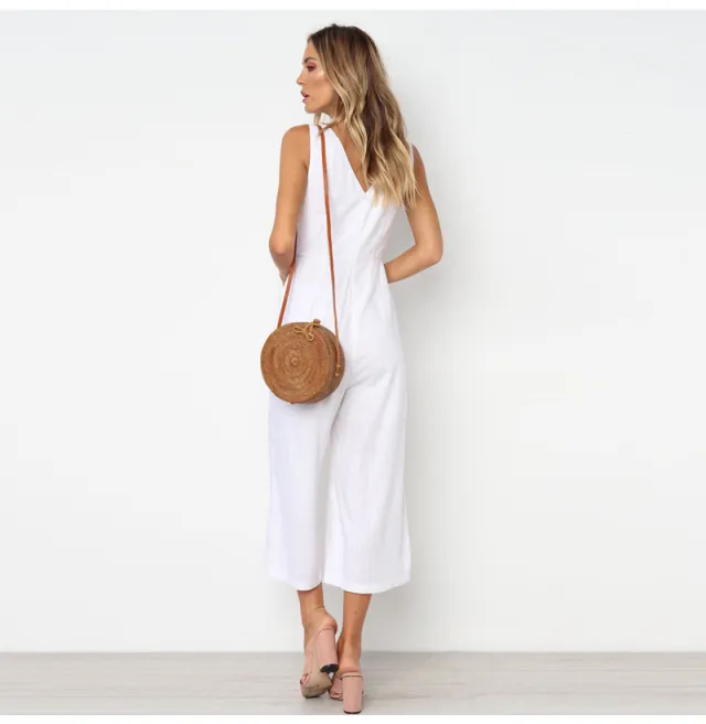 V neck button backless jumpsuit White - Shop at LoveMi
