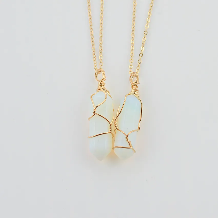 Geometric Hexagonal Column Quartz Necklace Pendant Natural Stone Bullet Crystal - Opal