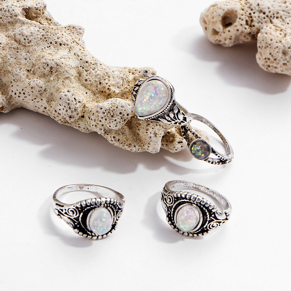 Vintage 8Pcs/Set Colorful Stone Metalic Rings