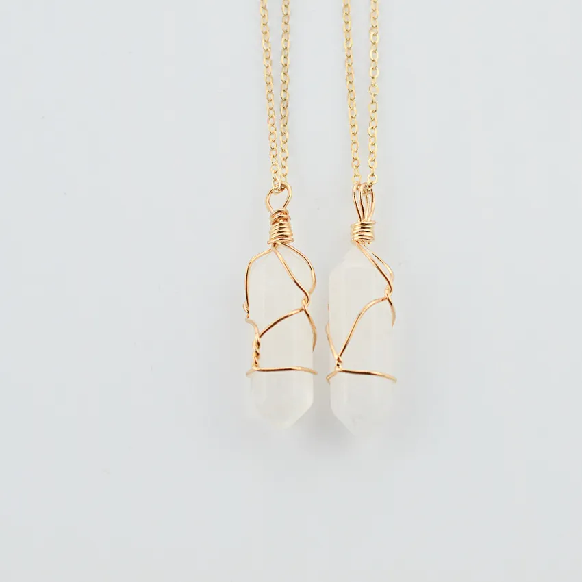 Geometric Hexagonal Column Quartz Necklace Pendant Natural Stone Bullet Crystal - White