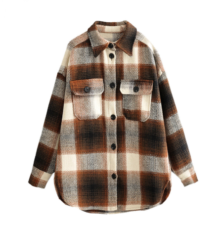 Single Breasted Long Sleeve Loose Plaid Coat