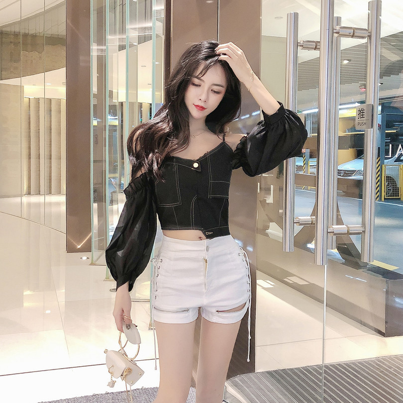 Strapless Super Fairy Puff Sleeve Top + Lace-Up Zip Shorts