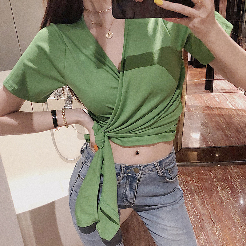 Sexy two-piece open-back strapped short-sleeved T-shirt