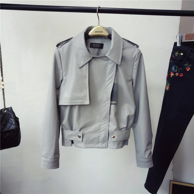 Spring new slim lapel short PU female jacket jacket leather Grey - Shop at LoveMi
