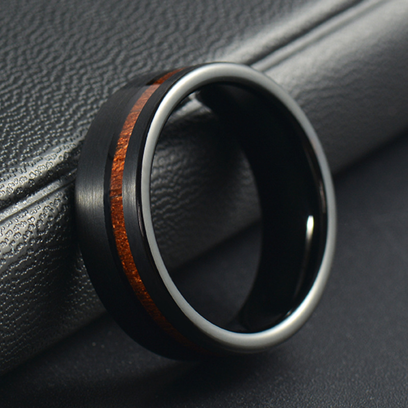 Stainless steel vintage rosewood acacia wood ring