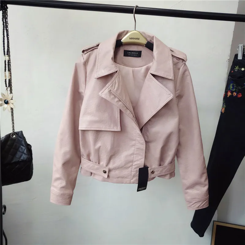 Spring new slim lapel short PU female jacket jacket leather - Pink