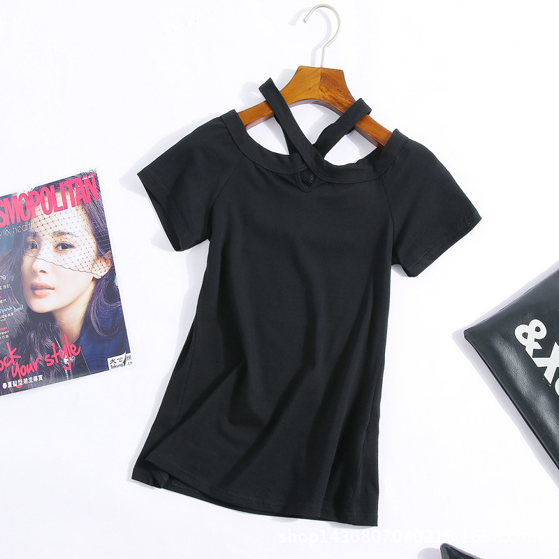 Off-the-shoulder short-sleeved open-back shirt