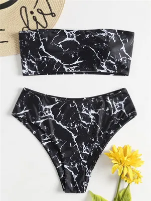 Women Wrapped Marble Printed Swimsuit Bikini Split Sexy Bikini Set - Black