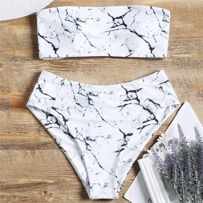 Women Wrapped Marble Printed Swimsuit Bikini Split Sexy Bikini Set White - Shop at LoveMi