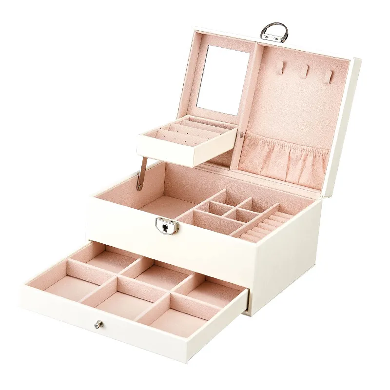 PU Leather Embroidered Large-capacity Jewellery Box - White