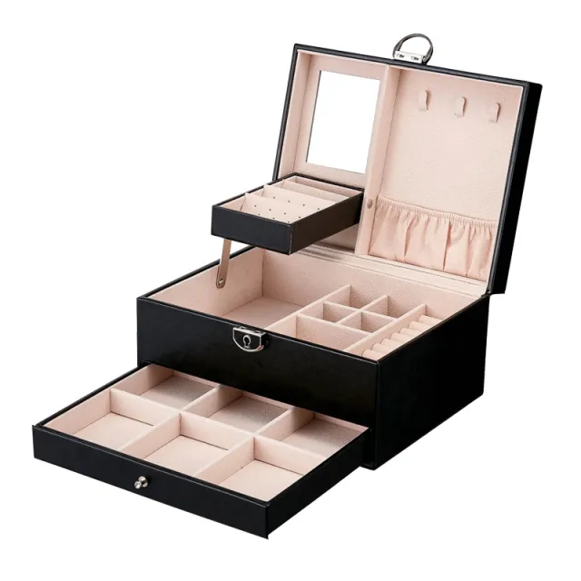 PU Leather Embroidered Large capacity Jewelry Box Black - Shop at LoveMi