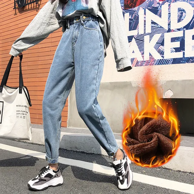 Women's loose Korean jeans with high waist - Light Blue Plus Velvet