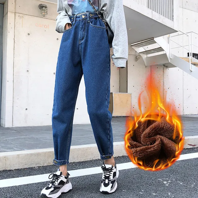 Women's loose Korean jeans with high waist Dark Blue Plus Velvet - Shop at LoveMi