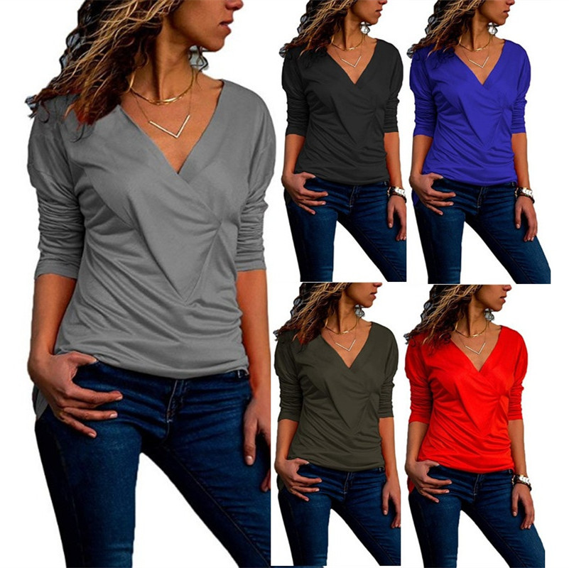 Cross V-neck long sleeve solid color T-shirt