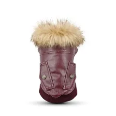 Dog fur collar leather coat - Red Wine - View 1