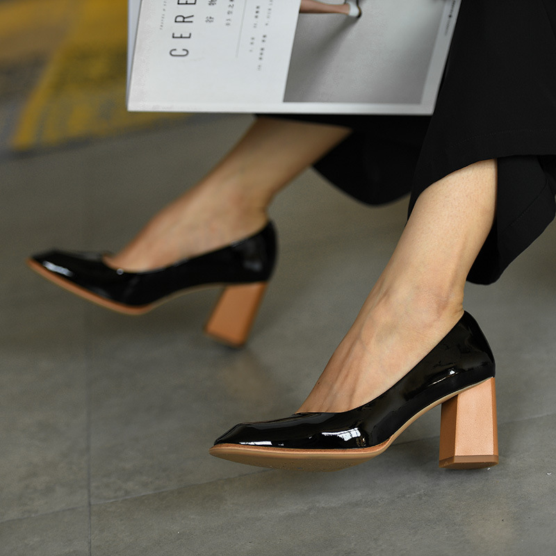 Patent leather block heel women's high-heeled shoes