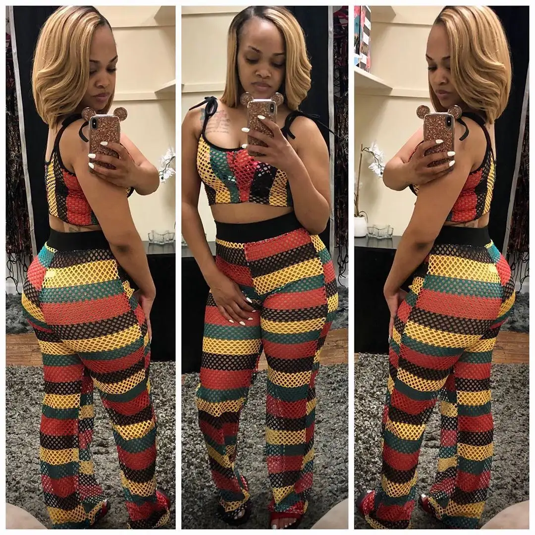 Personality mesh print stripe sleeveless two pieces