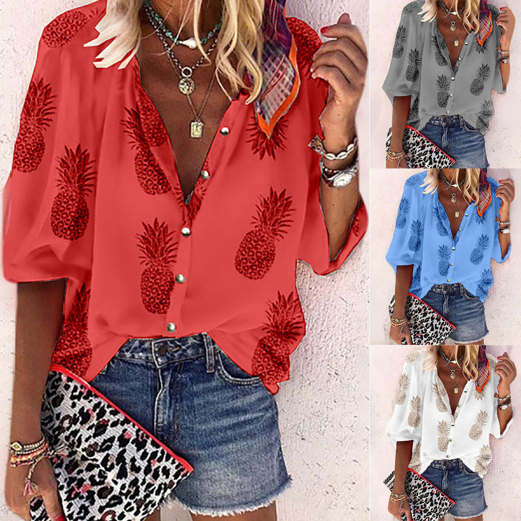 Pineapple print long-sleeved V-neck button shirt