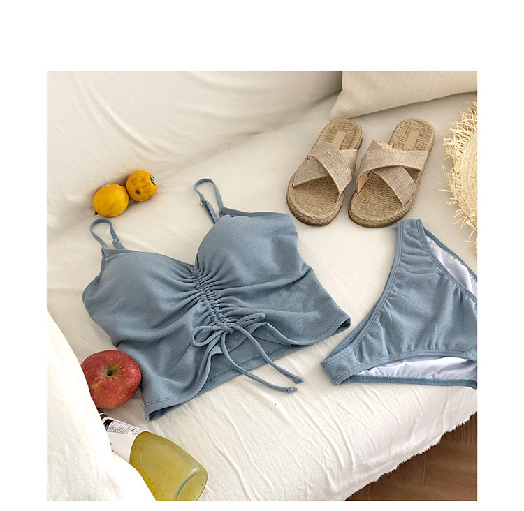 Pleated drawstring split swimsuit