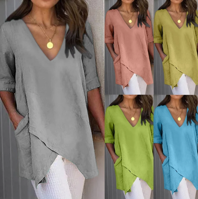 Irregular v-neck long sleeve shirt
