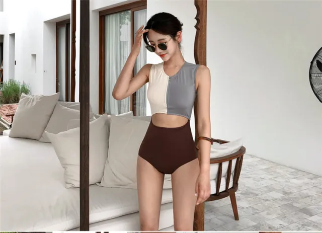 Colorblock High Waist Bare One Piece Swimsuit Coffee - Shop at LoveMi