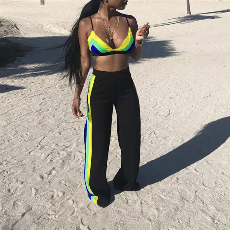 Rainbow Striped Wrap Chest Wide Legs Two Piece Set - Yellow