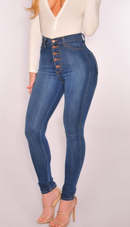 Women's five buckle high waist stretch slim denim pants Blue - Shop at LoveMi