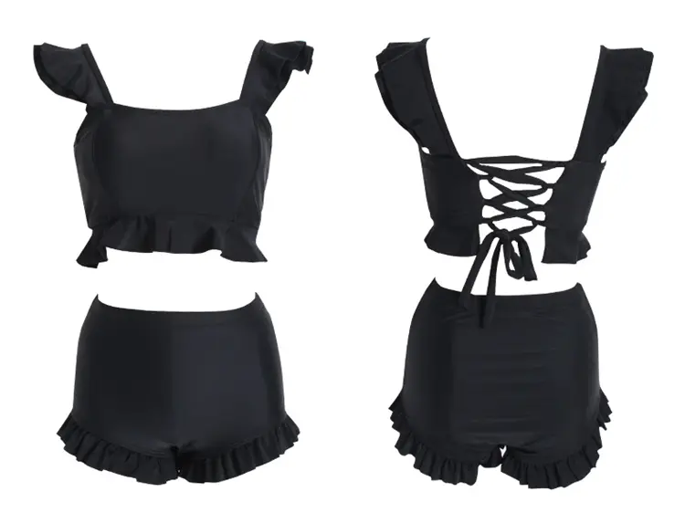 High-Waisted Ruffle Bikini Set with Lace-Up Back — L, With steel tray