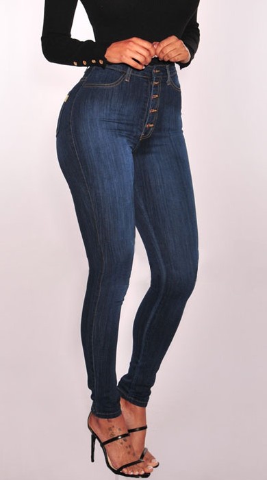 Women's five buckle high waist stretch slim denim pants Black - Shop at LoveMi