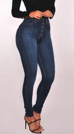 Women's five buckle high waist stretch slim denim pants - Blue Black - View 1