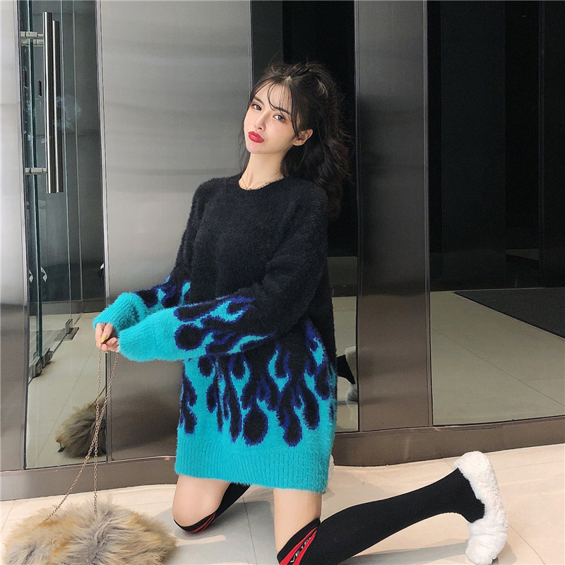 Flame pattern loose sweater women + stockings two-piece suit