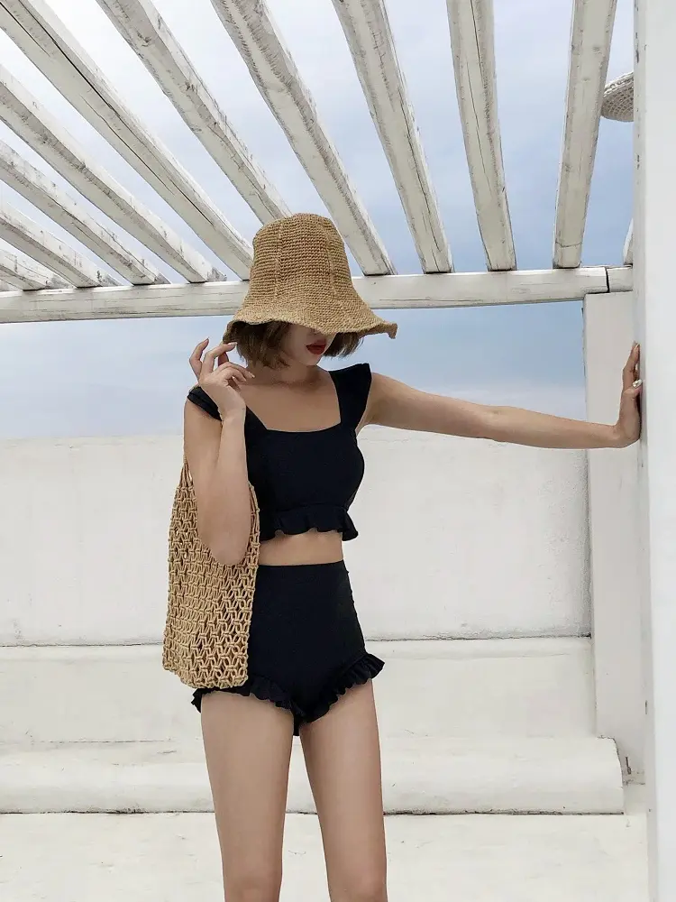 High-Waisted Ruffle Bikini Set with Lace-Up Back