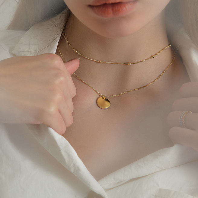 Ladies Titanium Steel Layered Beaded Collar Necklace Coin Pendant Necklace Round