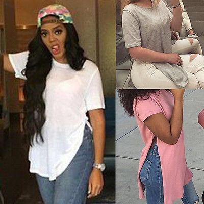 Crew neck hem split solid T-shirt