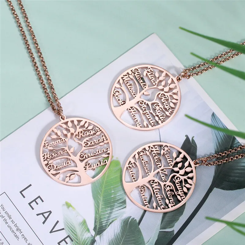 Rose Gold Family Tree Name Necklace Tree Of Life Stainless Steel Customised Necklace - Ss