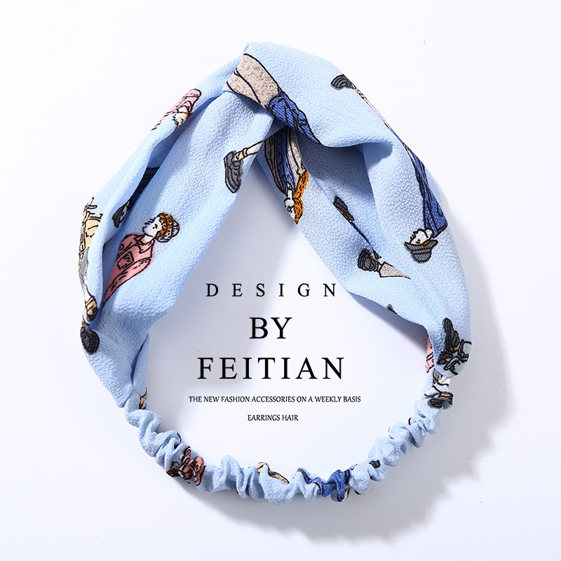 Fabric cross knotted bow chiffon floral headband Blue Character - Shop at LoveMi