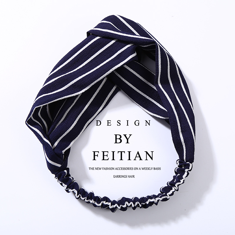 Fabric cross knotted bow chiffon floral headband Navy Blue Stripes - Shop at LoveMi