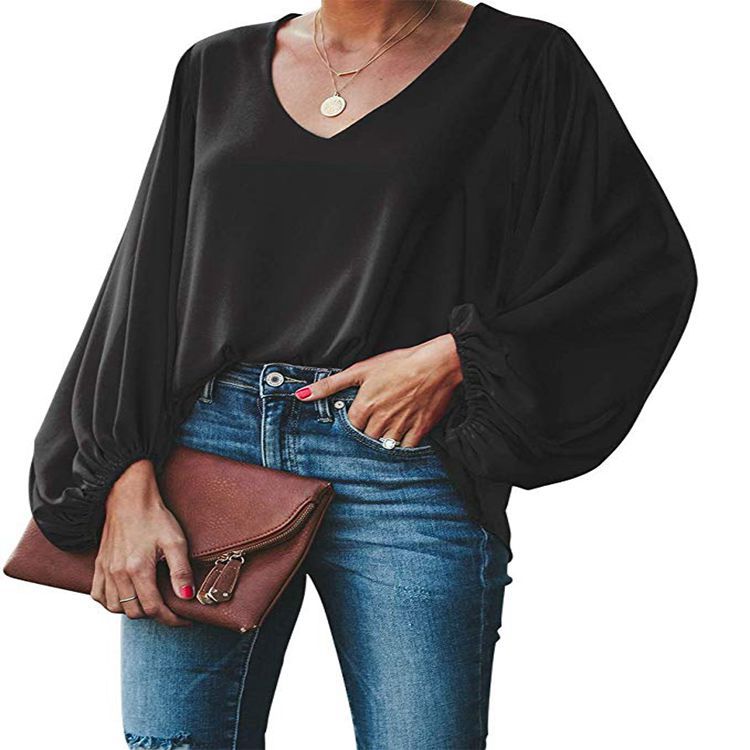 V-neck long sleeve chiffon casual loose pullover