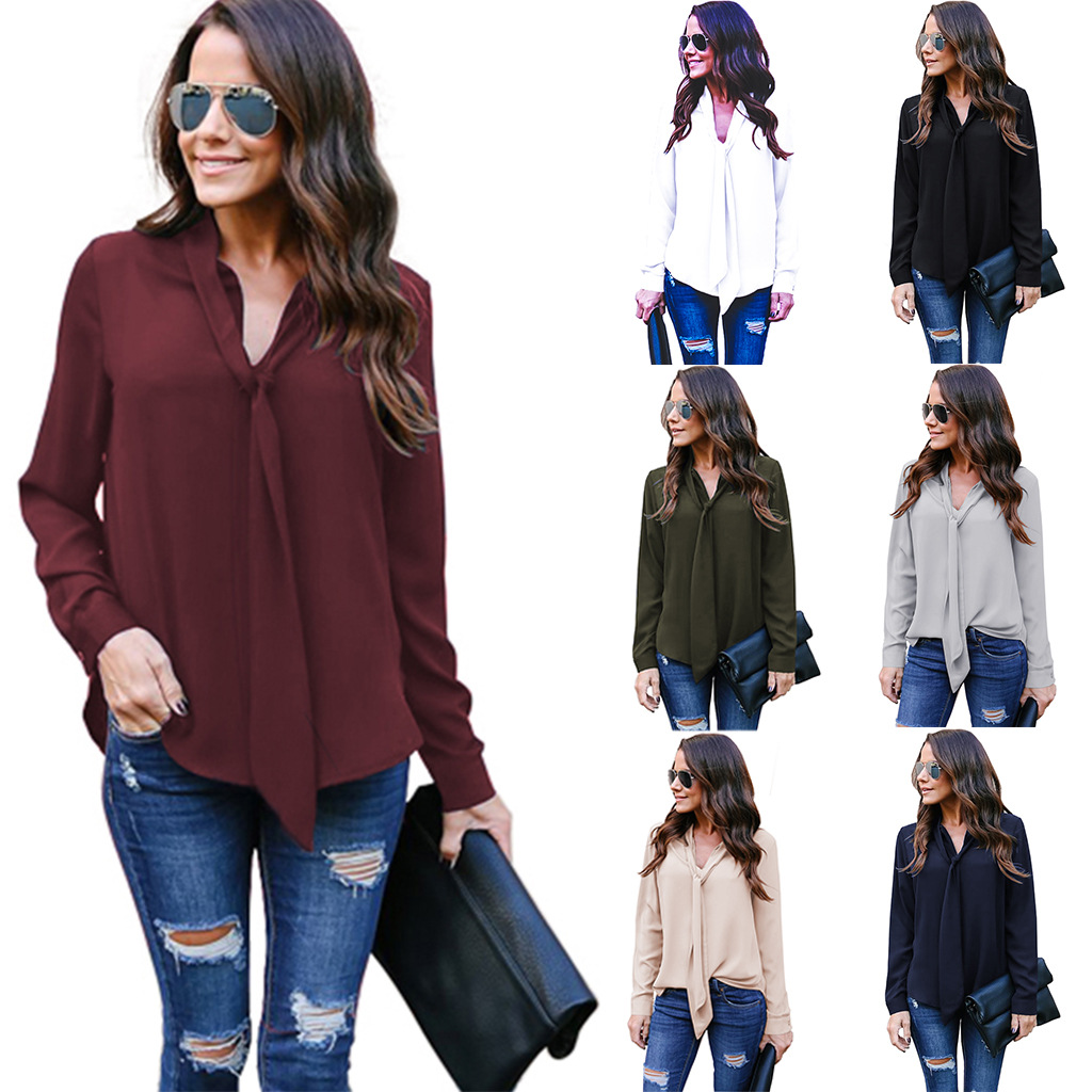 Long-sleeved V-neck chiffon shirt