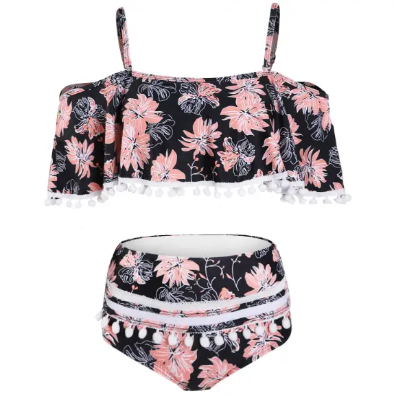 High-Waist Ruffled Two-Piece Swimsuit with Pom-Pom Trim — M