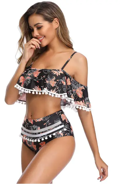 High-Waist Ruffled Two-Piece Swimsuit with Pom-Pom Trim
