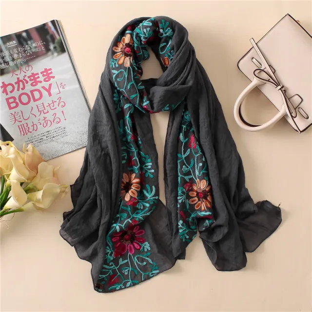 Embroidered cotton scarf Dark Grey - Shop at LoveMi