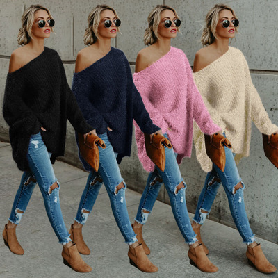 Sexy off-the-shoulder plush solid sweater