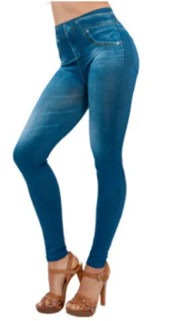 Fake Pocket Corset Denim Leggings - Blue - View 1